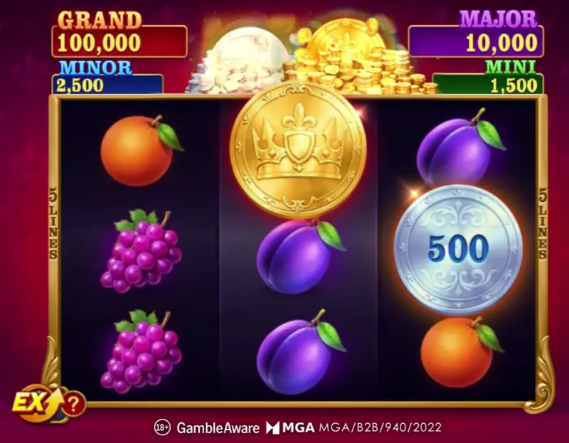 Fortune Coins 2 slot reels — fruit symbols with a gold Bonus Coin and the Grand, Major, Minor and Mini jackpot panel