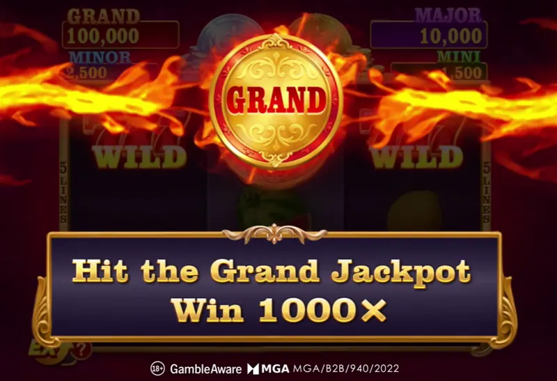 Fortune Coins 2 Grand Jackpot trigger screen paying 1000x the bet with two wild symbols in flames