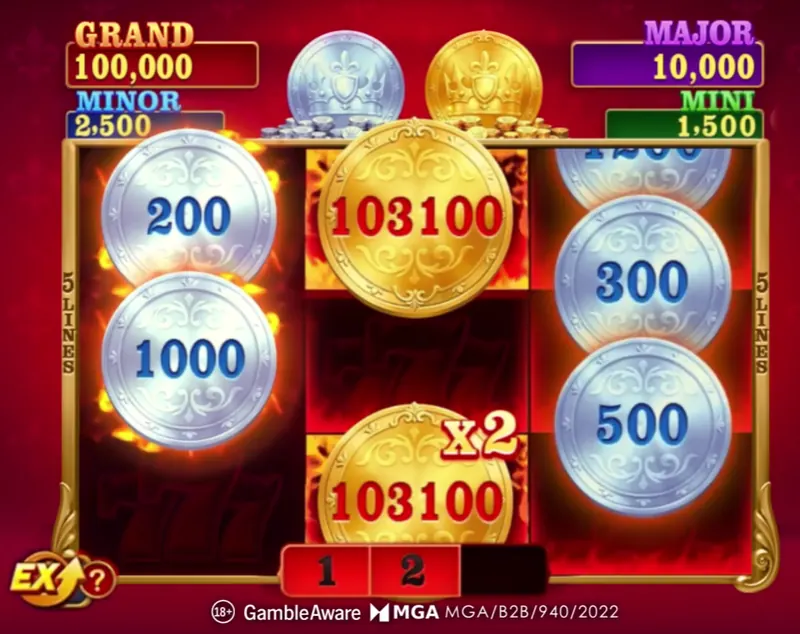 Fortune Coins 2 bonus buy result — Lock and Respin round with sticky gold coin collecting 103,100 and silver coins at 200, 300, 500