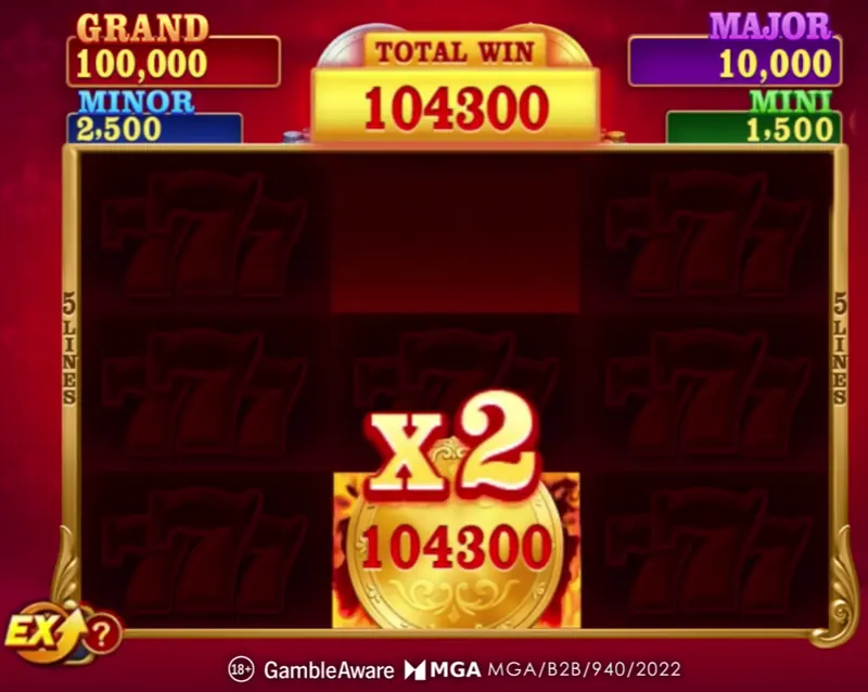 Fortune Coins 2 total win screen showing 104,300 credits after a Lock and Respin round with a 2x multiplier